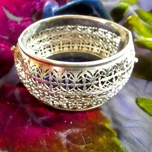 rare midcentury Whiting & Davis filigree cuff bracelet in textured silver tone